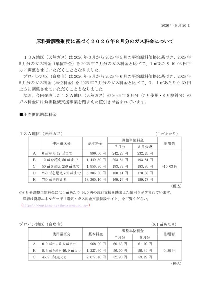 原料費調整制度に基づく2026年8月分のガス料金についてのサムネイル